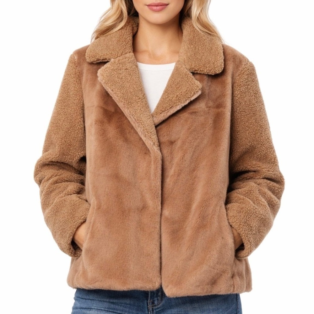 French Connection NWT Camel Faux Fur Teddy Mixed Media Short Jacket Coat Size XL